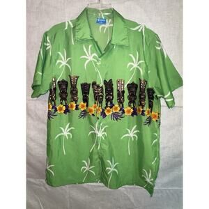 Onshore Hawaiian Shirt Mens XXL Green Tiki Palm Tree Floral Aloha Camp